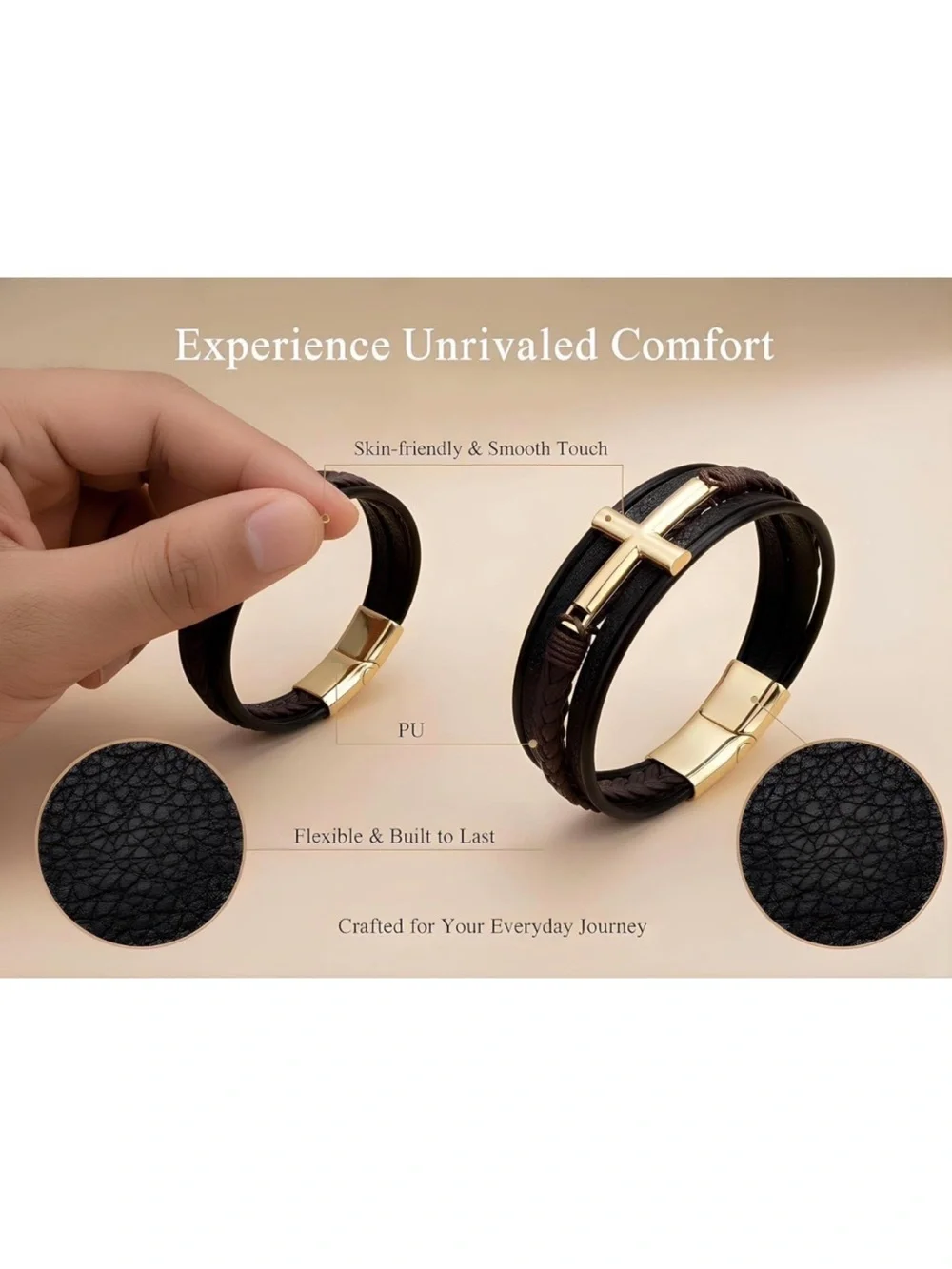 Leather Hand Woven Bracelet Men’s Brown Gold Cross Design Multi Layer BT6